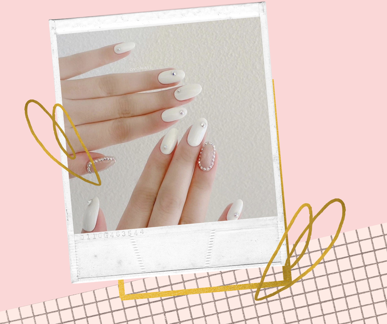 Nail màu trắng gạo đính đá đơn giản 