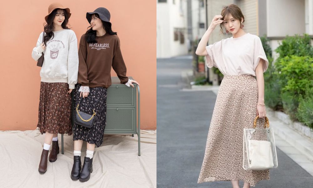 Chân váy hoa nhí phối hợp nằm trong áo sweater và áo phông thun đem vẻ rất đẹp nhẹ dịu 