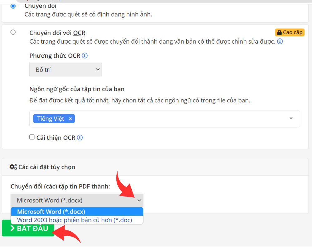 Chọn định dạng và ấn BẮT ĐẦU