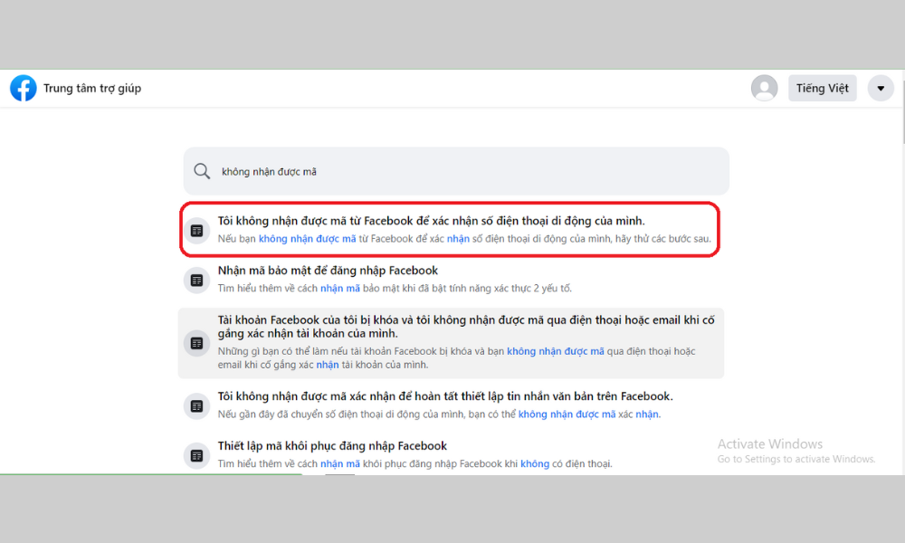 Chọn mục “Tôi không nhận được mã từ Facebook để xác nhận số điện thoại di động của mình” ở Trung tâm hỗ trợ