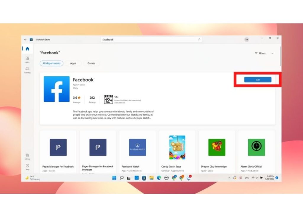 Bạn tìm ứng dụng Facebook rồi bấm Get để tải
