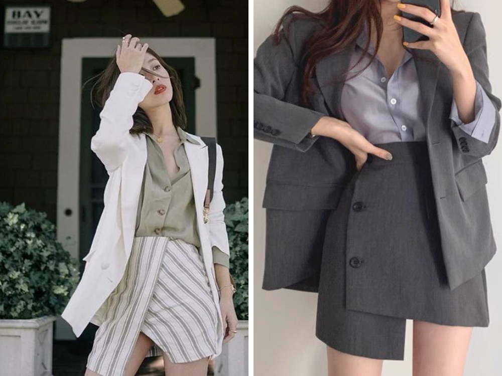 Quần fake váy xẻ cùn và blazer hỗ trợ cho cô gái đậm chất ngầu và cá tính rộng lớn 