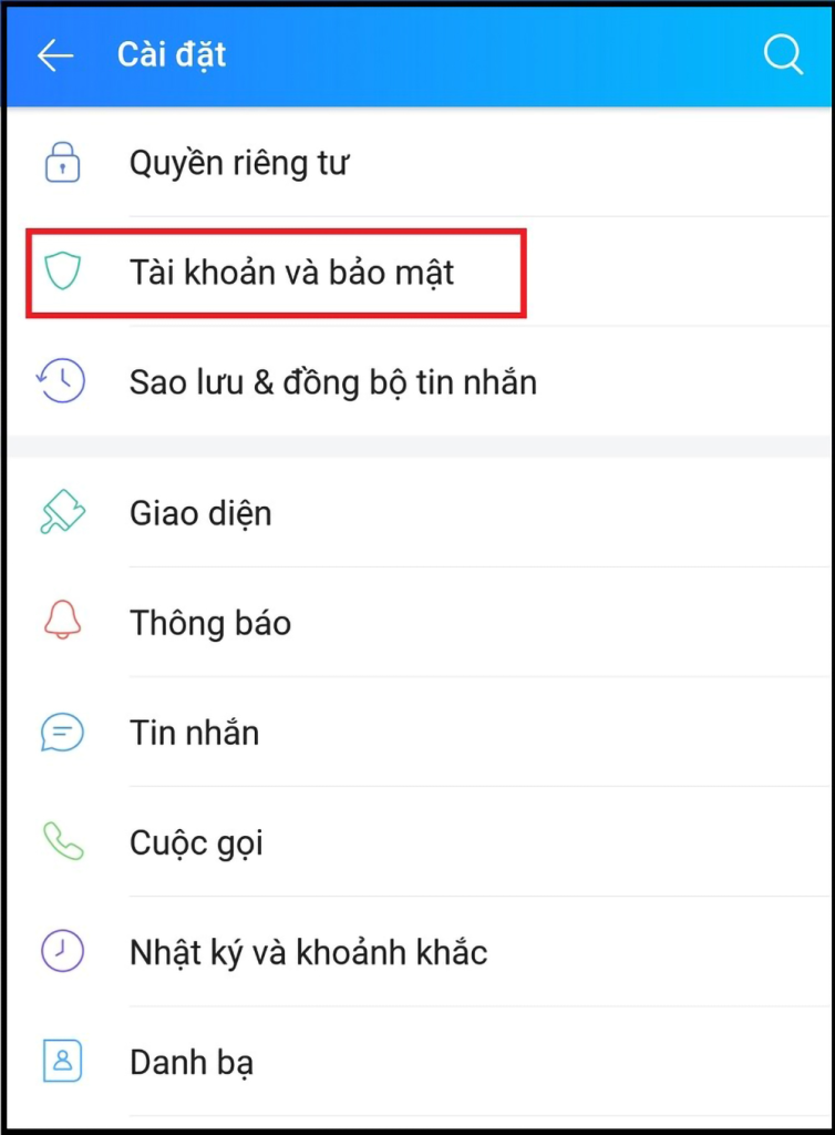Chọn vào mục Tài khoản và bảo mật