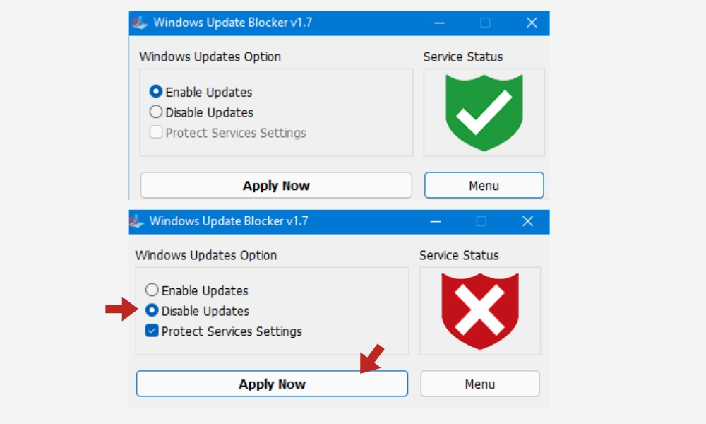 Mở Windows Update Blocker sau đó chọn Disable Updates 