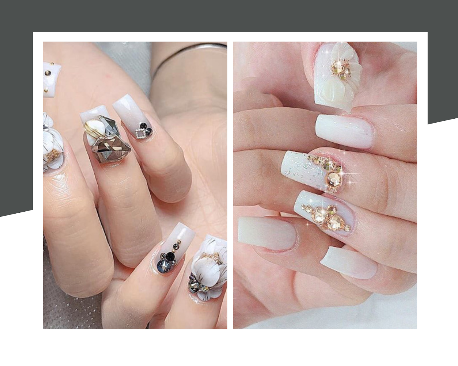 Nail màu trắng gạo đính đá và hoa cầu kỳ 