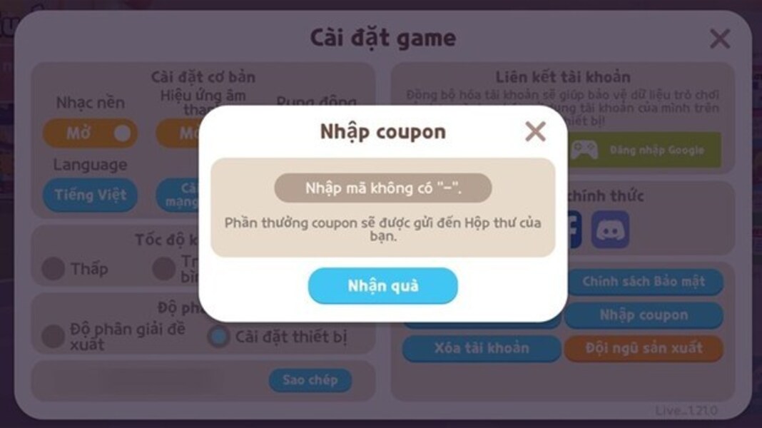 Nhập code Cùng Chơi trực tiếp trong game để dễ dàng nhận quà xinh