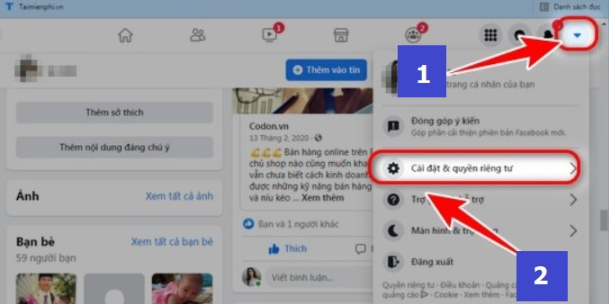 Điều hướng giao diện đến mục “Cài đặt & quyền riêng tư” để ẩn like Facebook trên máy tính