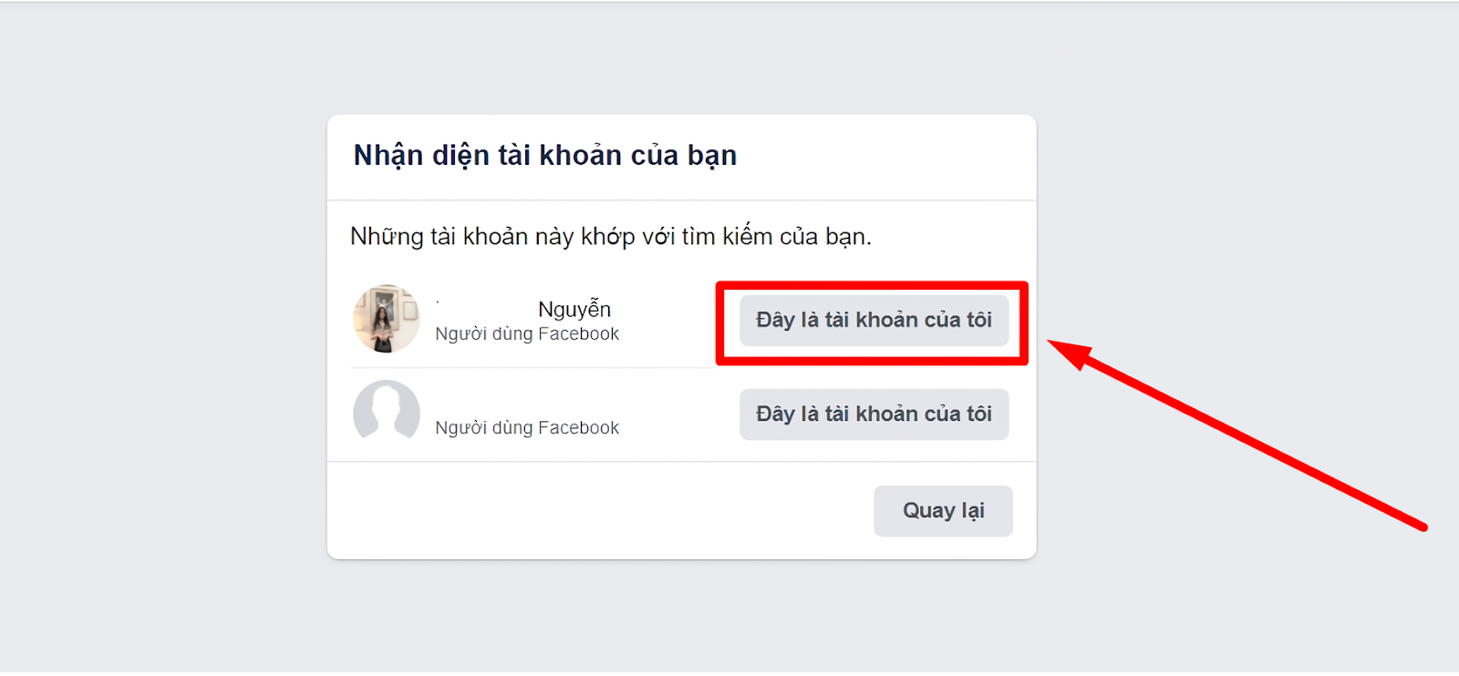 Nếu đúng tài khoản của bạn, bạn ấn vào mục “Đây là tài khoản của tôi”