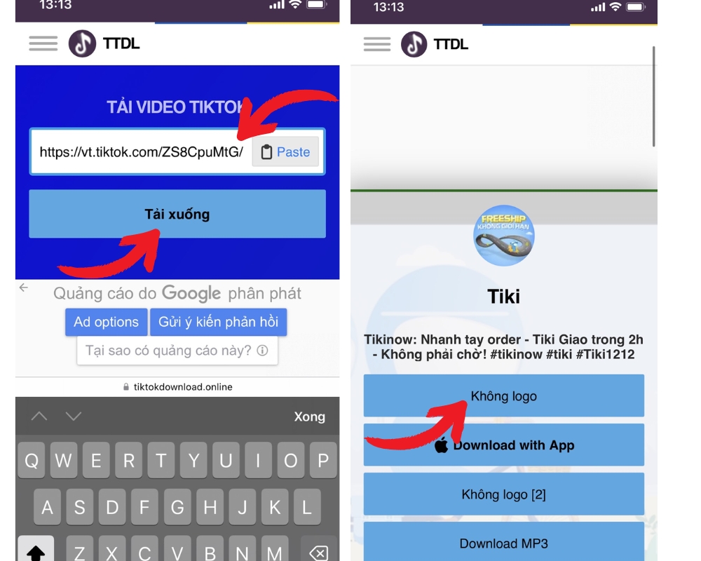 Bước 3: dán link sau đó chọn tải xuống, tiếp tục chọn không logo