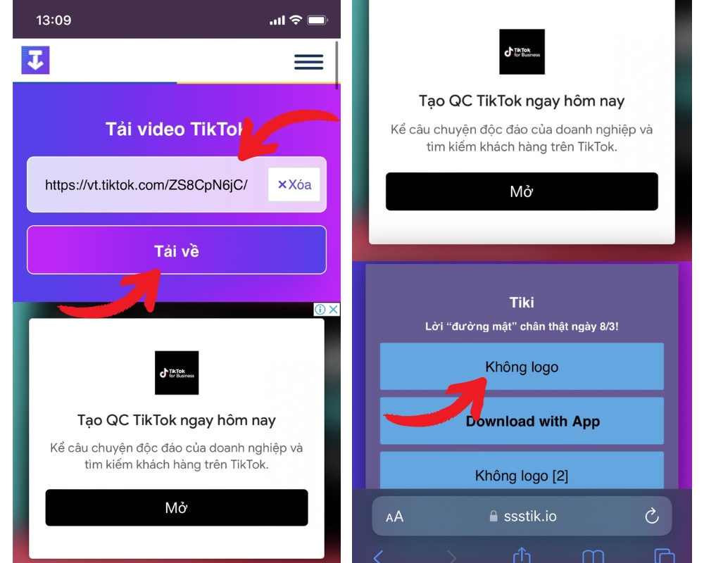 Bước 3: Dán link vào khung đầu trang, sau đó chọn tải về, tiếp tục chọn không logo để lưu video