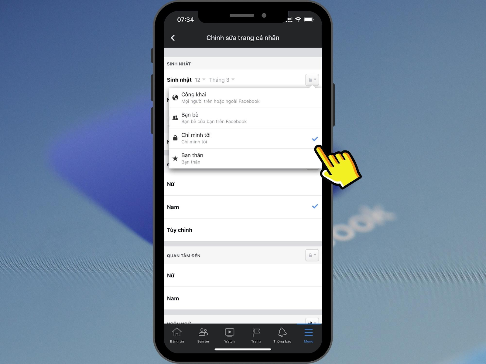 Cài đặt sinh nhật ở chế độ chỉ mình tôi để tắt thông báo ngày sinh Facebook