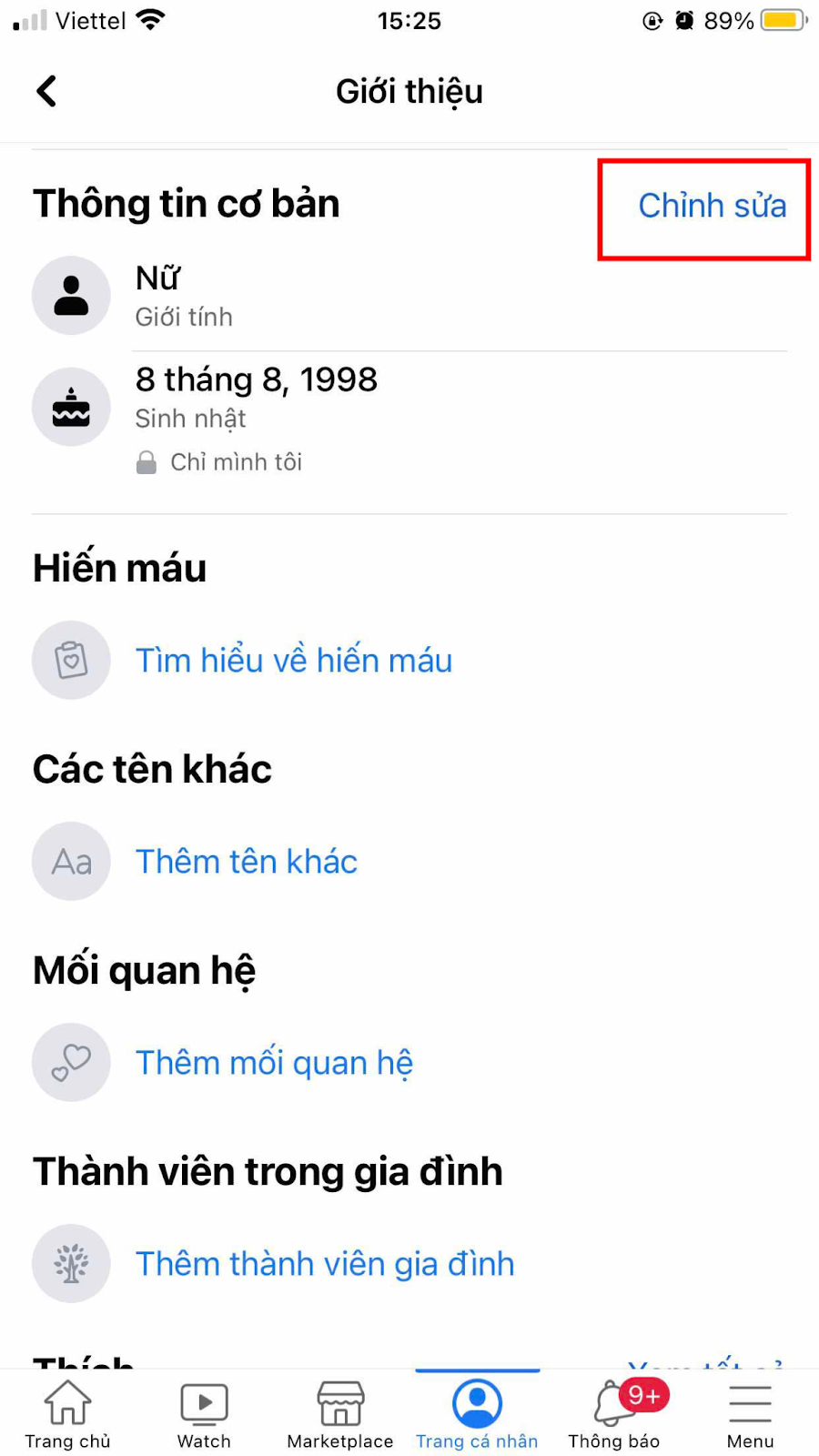 Bạn nhấn “Chỉnh sửa” để cập nhật ngày sinh mới