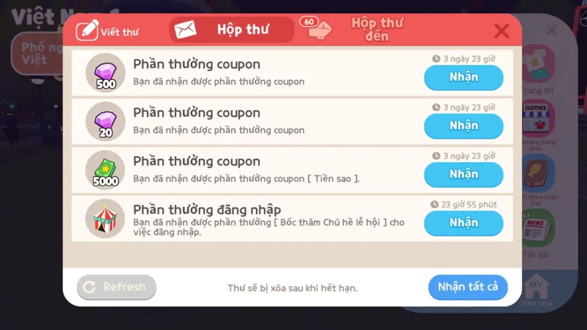 Quà tặng nhập mã đã được gửi vào phần Hộp thư đến
