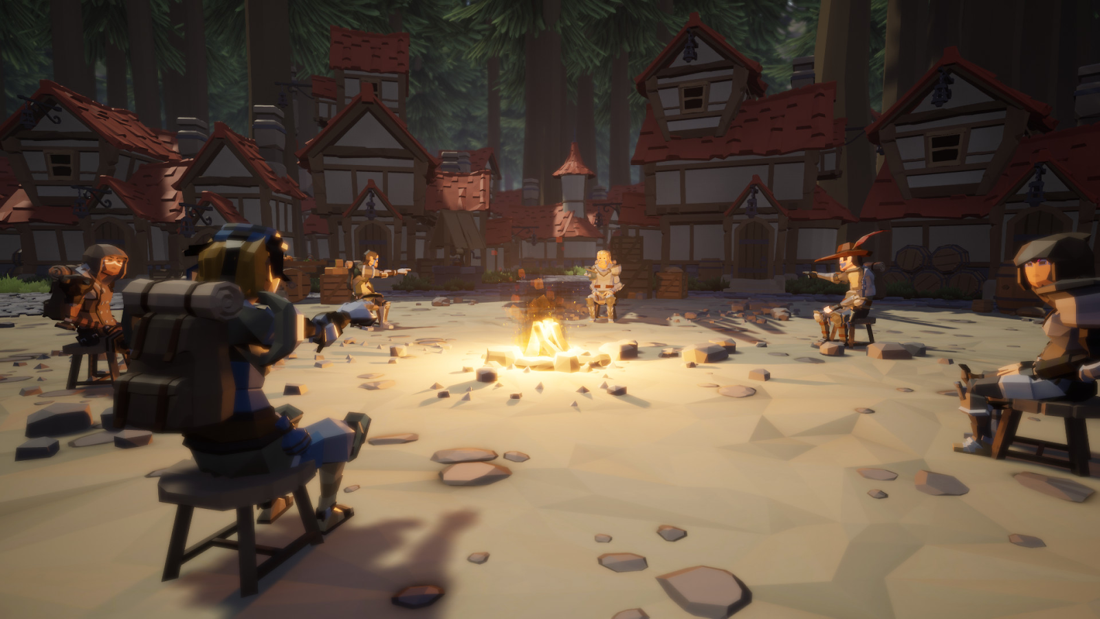Giao diện mở đầu game ma sói trực tuyến Agrou là hình ảnh một nhóm người đang ngồi quanh đống lửa