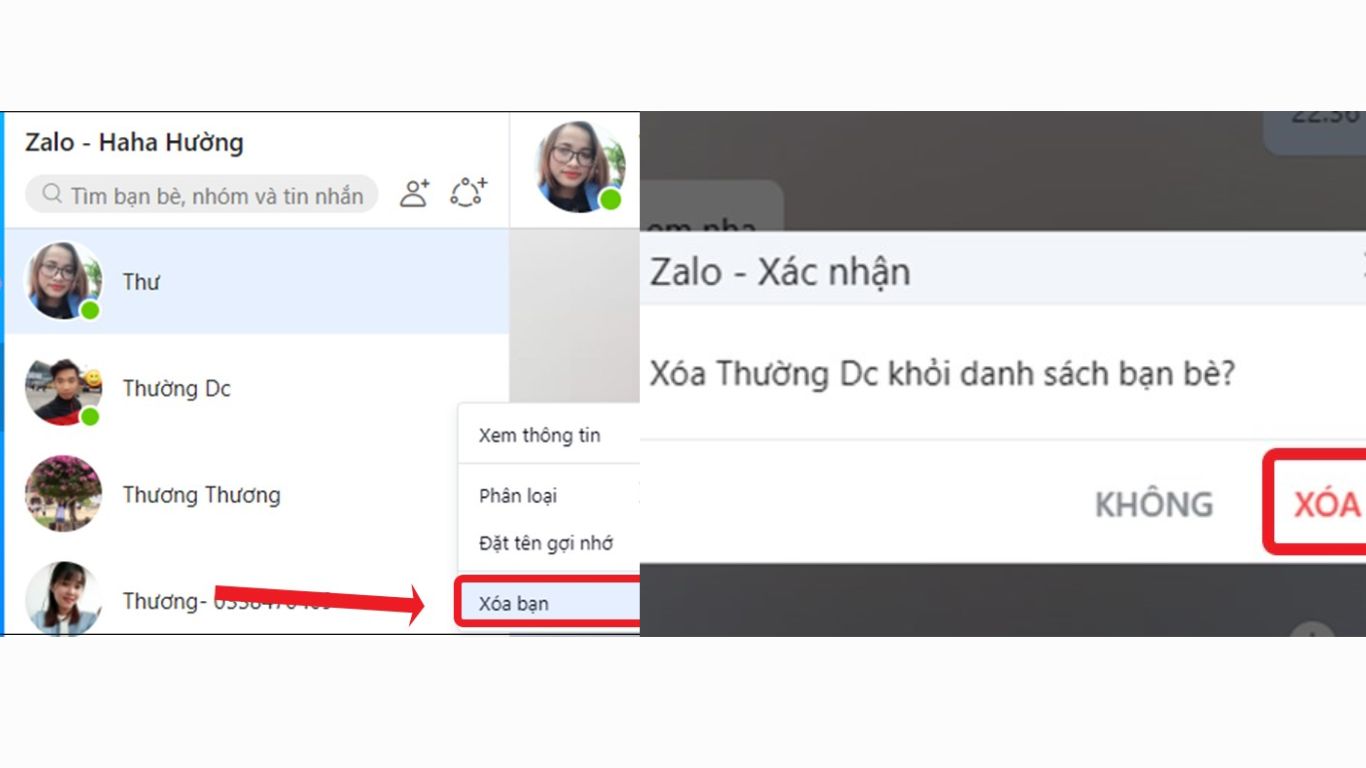 Chọn Xóa và xác nhận Xóa để hủy kết bạn với đối phương