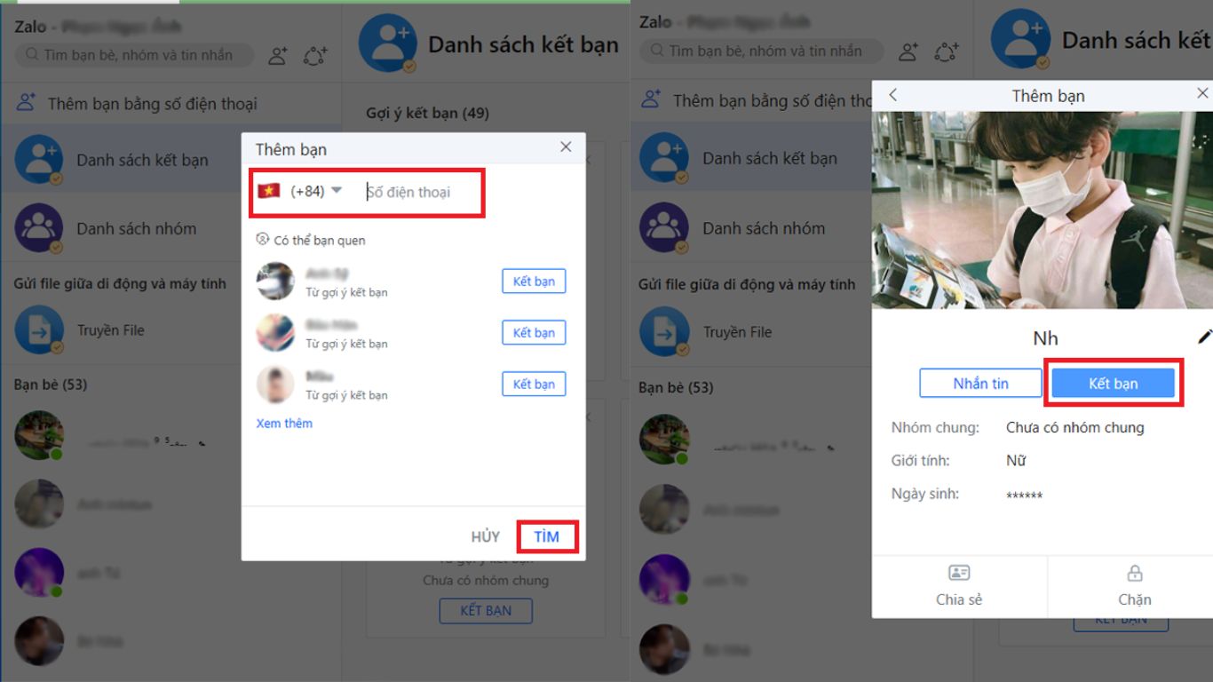 Nhập số điện thoại, tìm kiếm và chờ trang cá nhân của người đó hiện ra để kết bạn