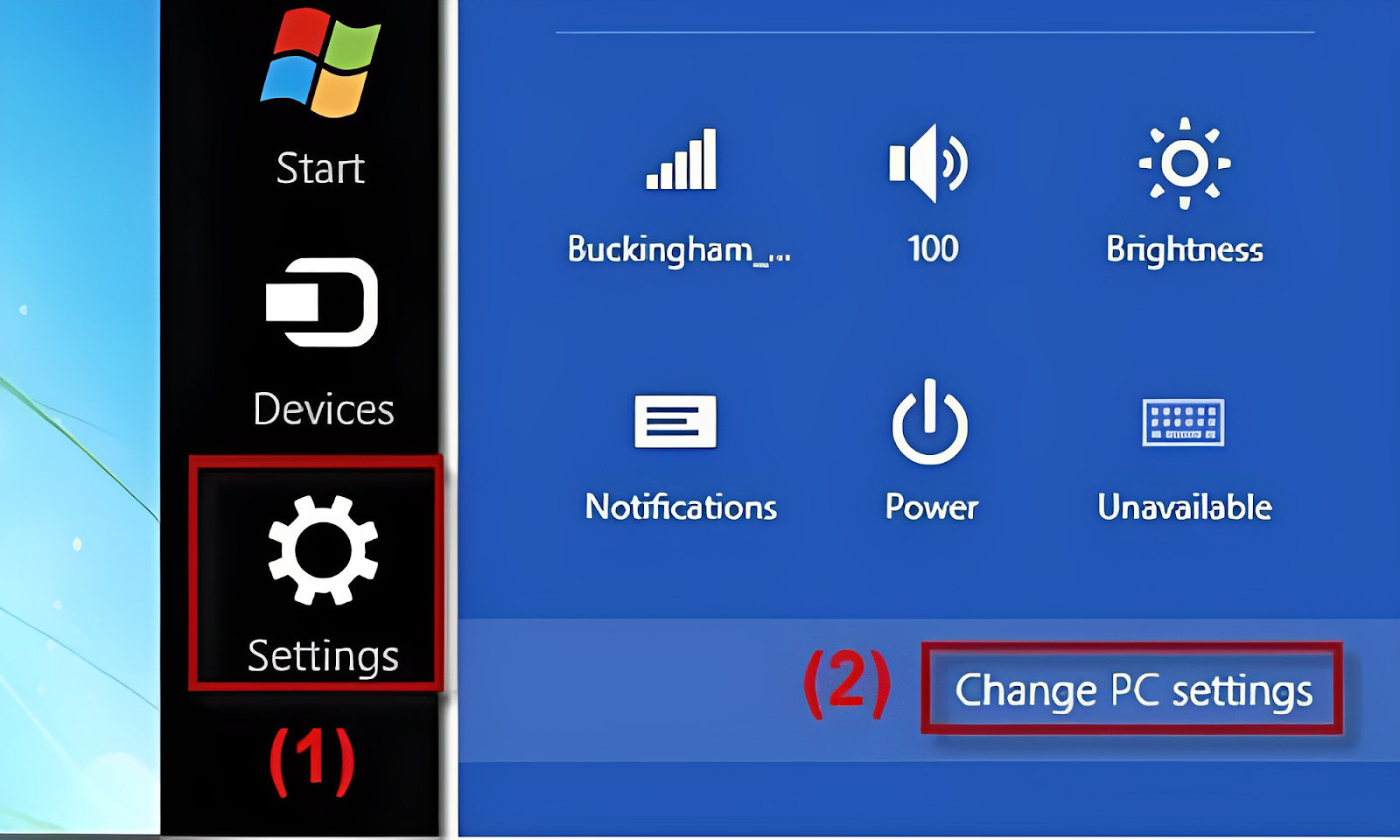 Bạn vào phần Change PC settings để thay đổi cài đặt máy tính của mình 