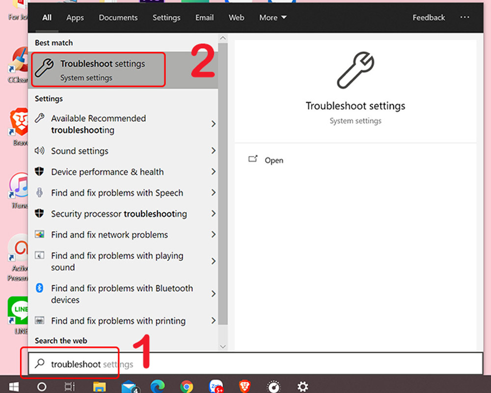 Tìm kiếm troubleshoot trong Cài đặt
