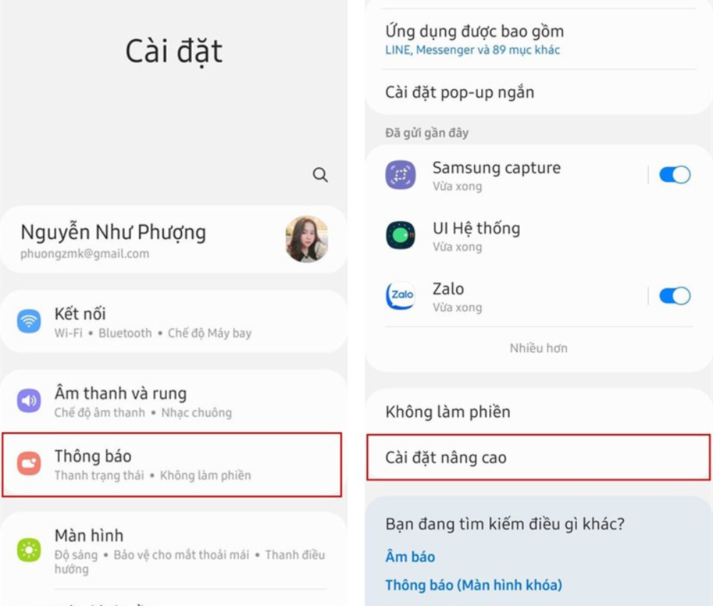 Ở mục Thông báo chọn Cài đặt nâng cao