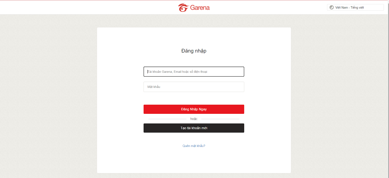 Giao diện đăng nhập tài khoản Garena
