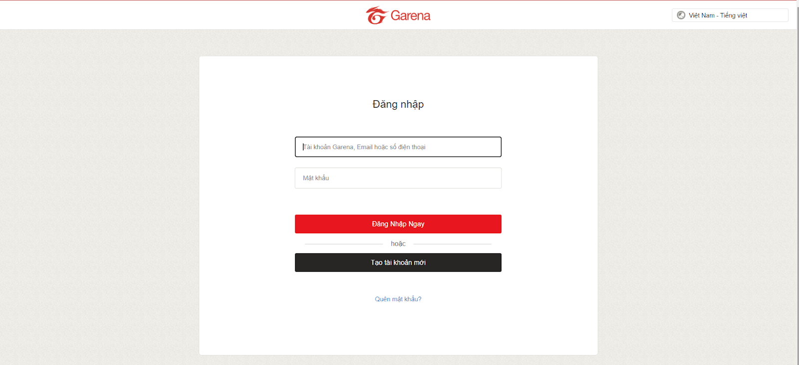 Giao diện đăng nhập tài khoản Garena 