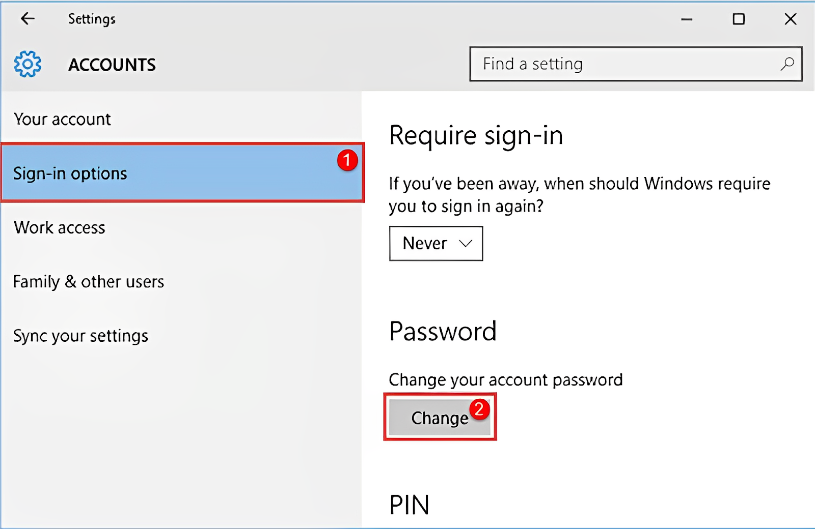 Vào Sign-in options kéo đến chọn Password và chọn Change