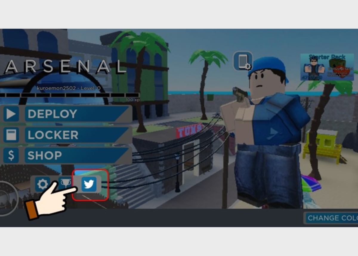 Chọn biểu tượng Twitter để nhập mã Arsenal Roblox