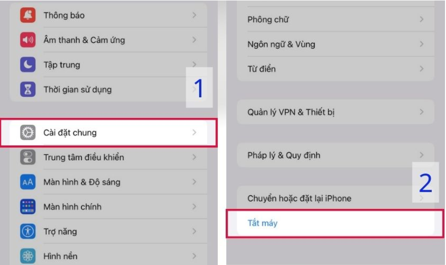 Cách restart iPhone 13 là chọn Tắt máy trong mục Cài đặt chung