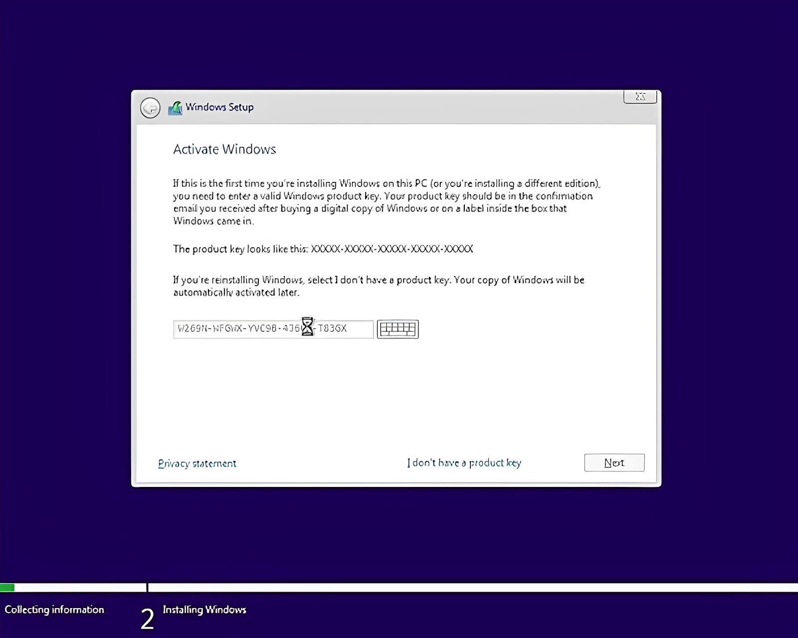 Chọn I don't have a product key