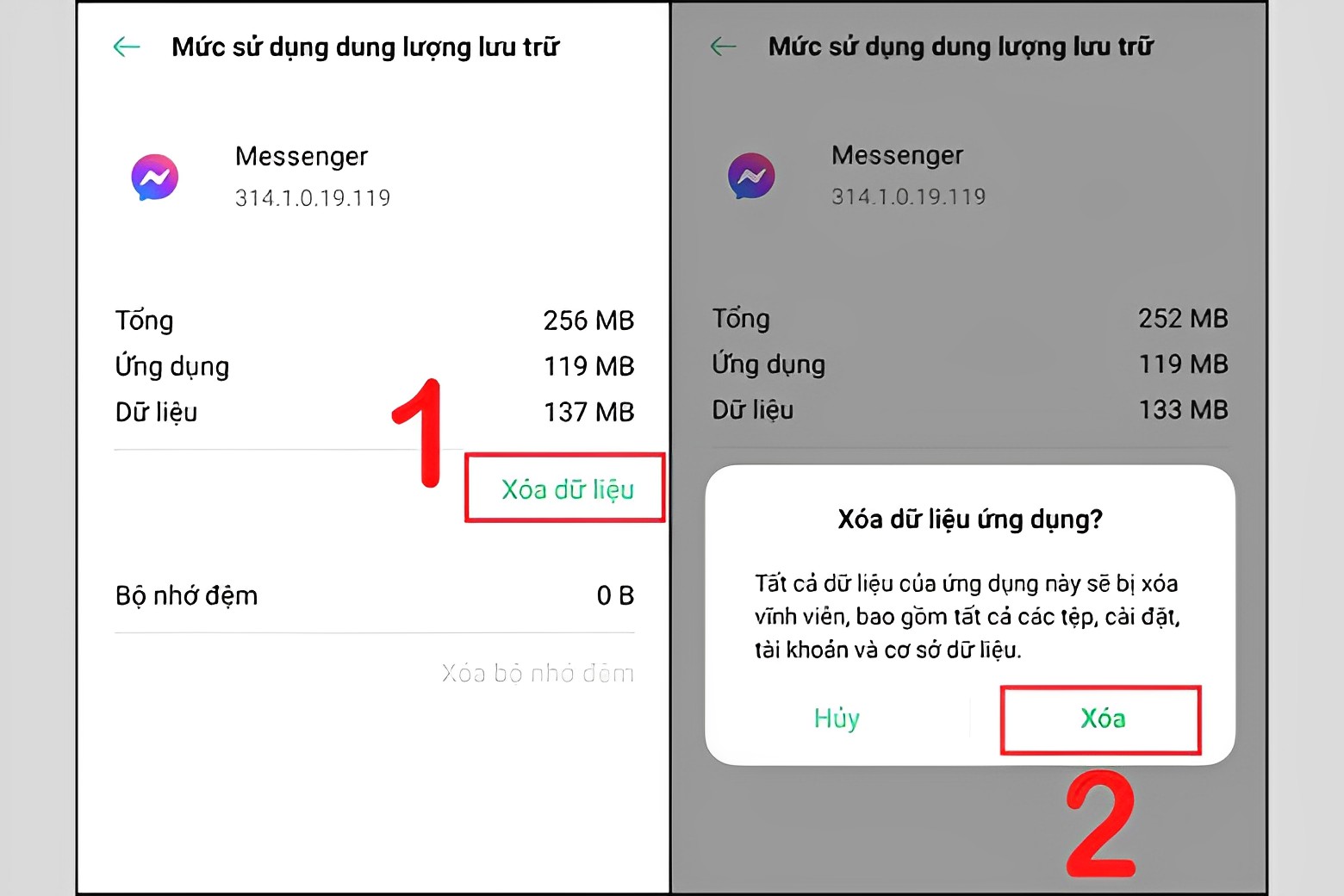 Xóa dữ liệu ứng dụng khắc phục lỗi ở Messenger
