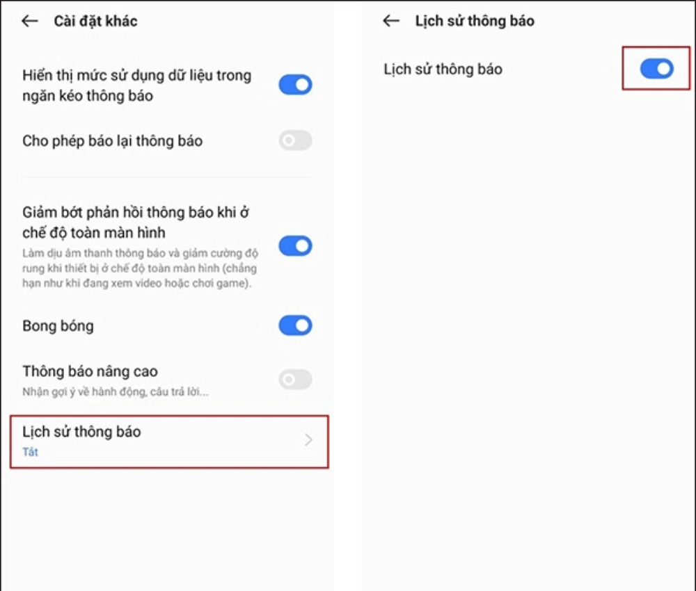 Chọn mục Lịch sử thông báo và bật tính năng
