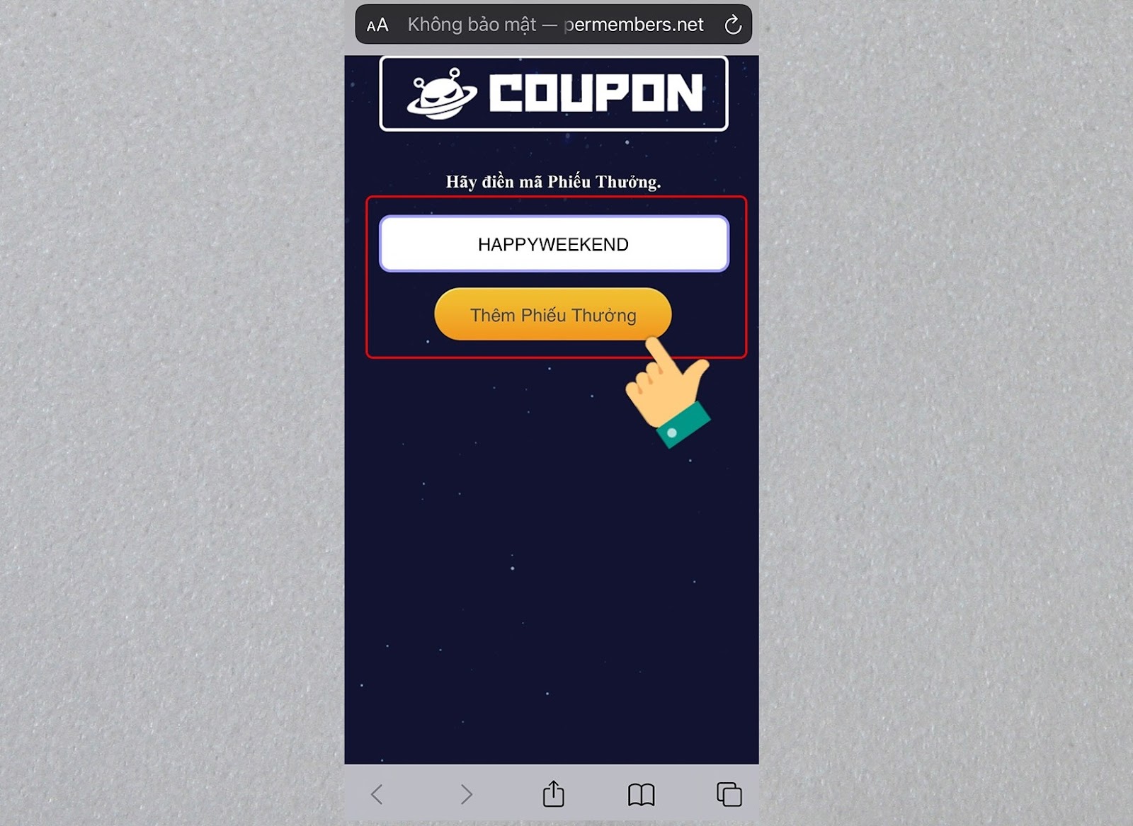 Nhập mã code và ấn Thêm phiếu thưởng