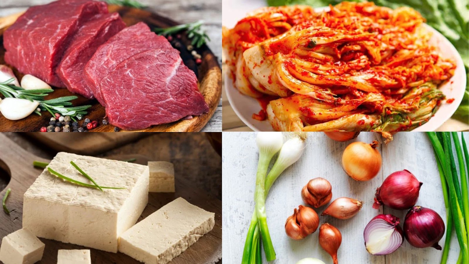 Một số nguyên liệu cần để nấu canh kim chi thịt bò