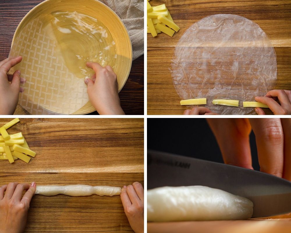 Cuộn chặt bánh tráng và phô mai
