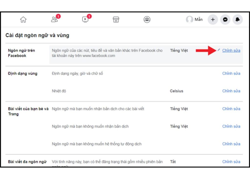 Chọn “Chỉnh sửa” để đổi ngôn ngữ