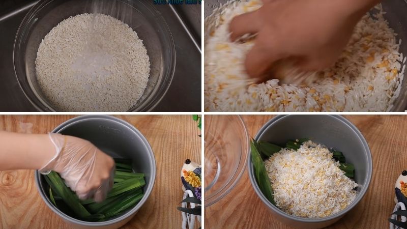 Trộn gạo nếp và đậu xanh vào nồi