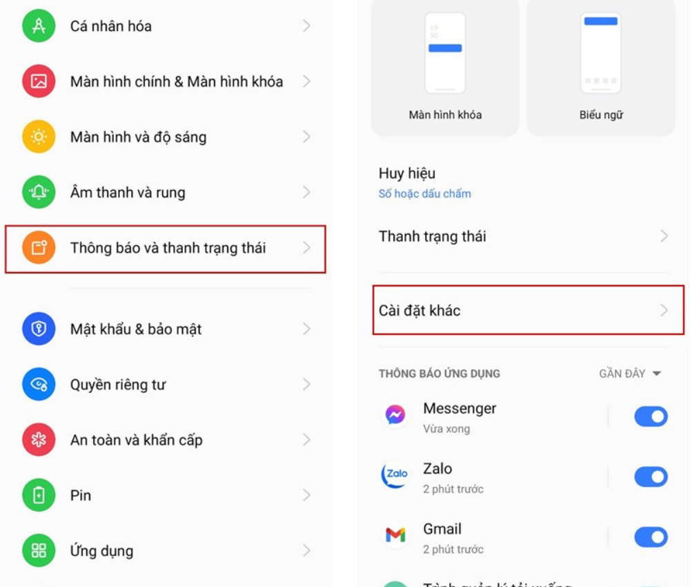 Chọn mục Cài đặt khác ở phần Thông báo và thanh trạng thái