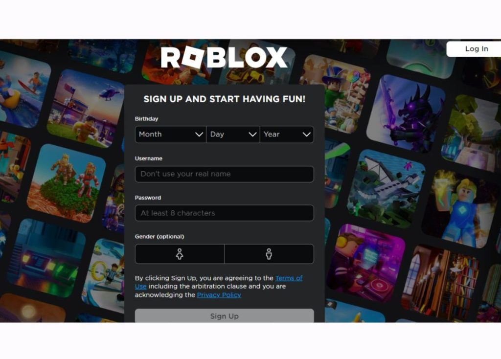 Bạn được đưa đến phần đăng ký tài khoản Roblox 