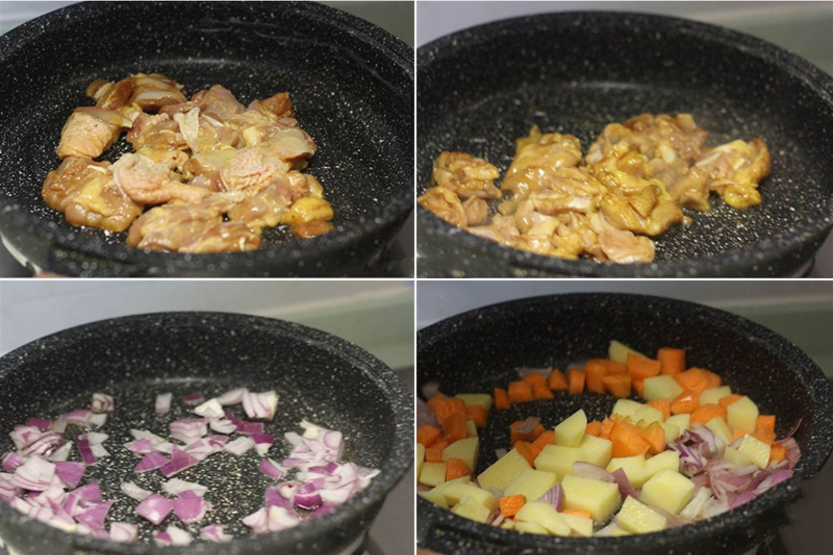 Xào sơ phần thịt gà với bột cà ri để thịt có màu sắc đẹp mắt