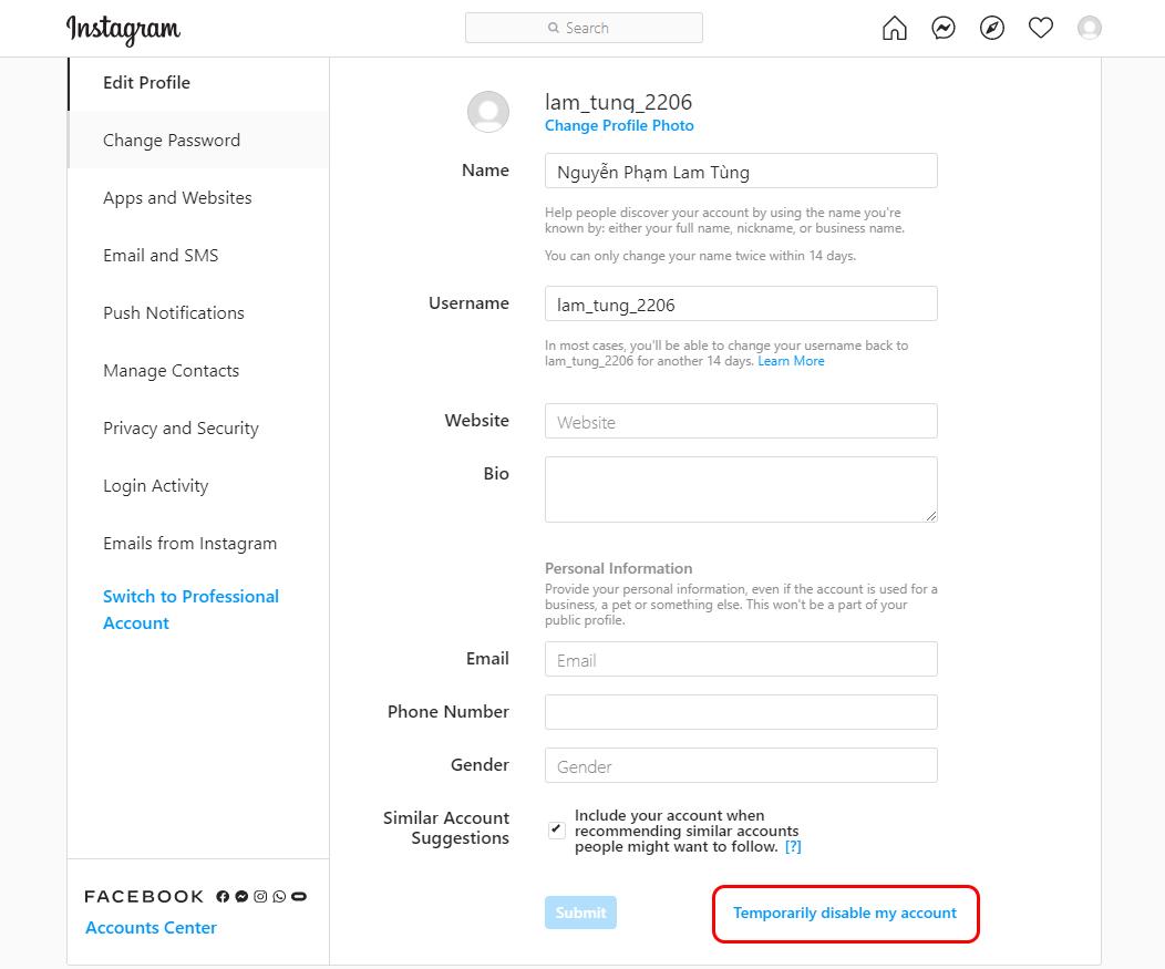 Người dùng kéo xuống phía dưới và nhấn vào mục Temporarily disable my account