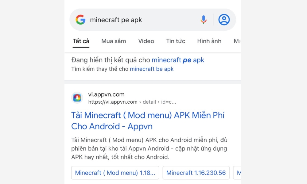 Nhập Minecraft PE APK vào khung tìm kiếm trên Google Chrome 