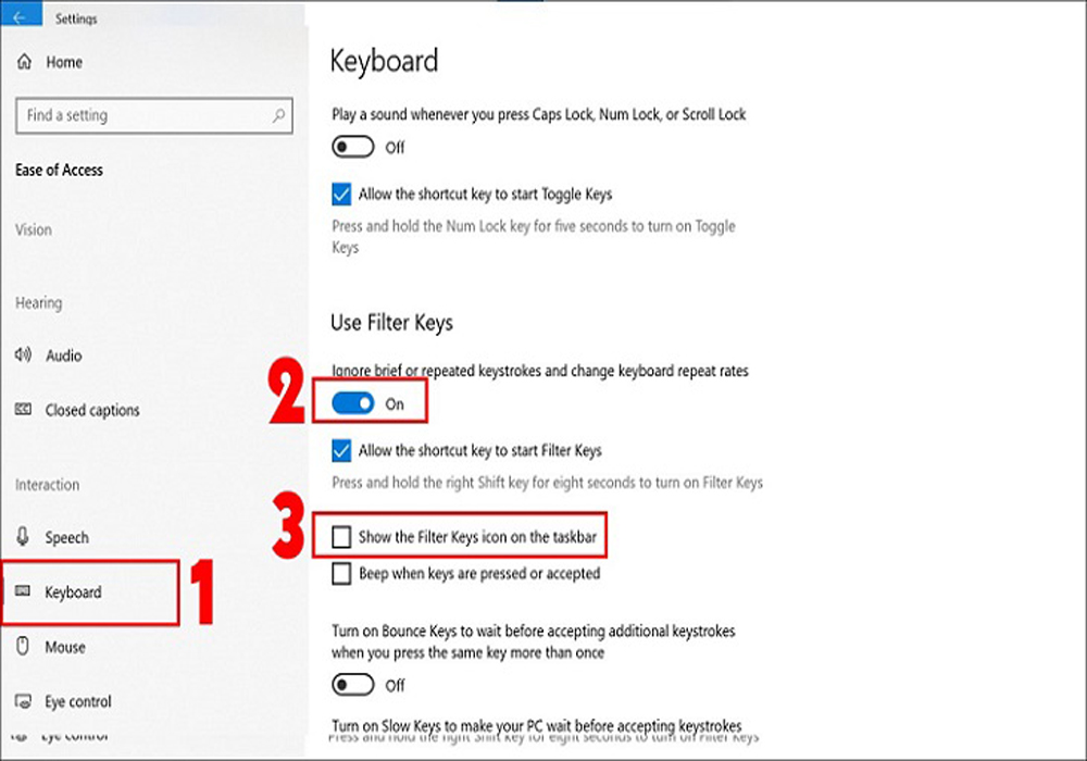 Điều chỉnh thiết lập trong Use Filter Keys để sửa lỗi bàn phím bị khóa 