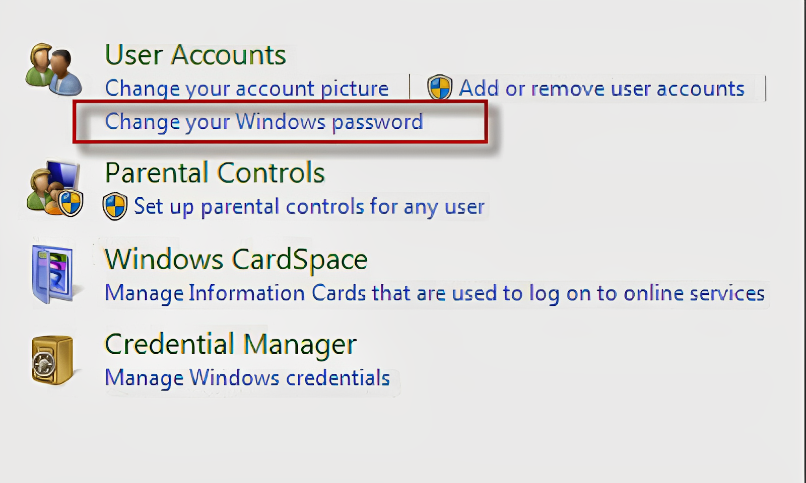 Tại mục User Accounts bạn có thể thấy mục Change your Windows Password 