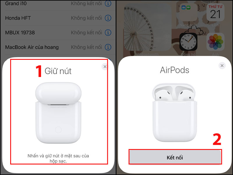 Mở Airpods của bạn bằng cách nhấn giữ nút nguồn phía sau lưng hộp sạc