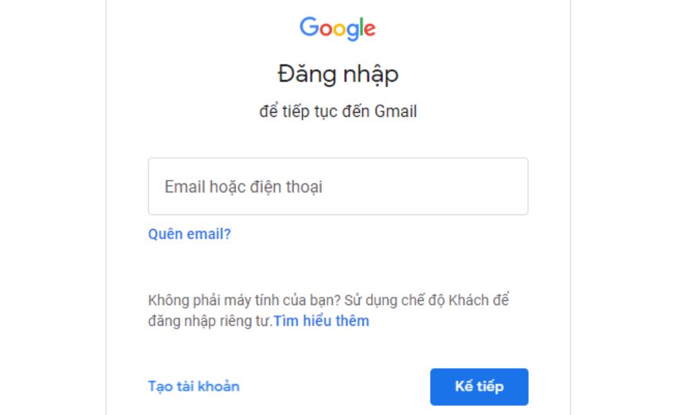 Màn hình hiển thị ô nhập địa chỉ Email và ô “Kế tiếp” sau khi truy cập đường link chính của Gmail