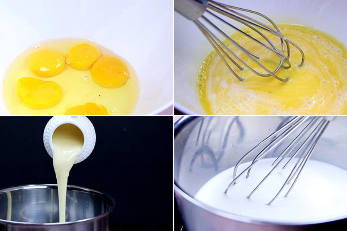 Làm hỗn hợp trứng sữa là bước tiếp theo trong cách làm bánh flan sữa tươi 