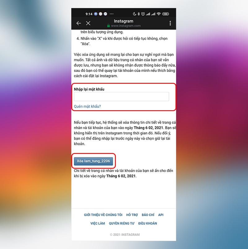 Xác nhận muốn xoá tài khoản Instagram