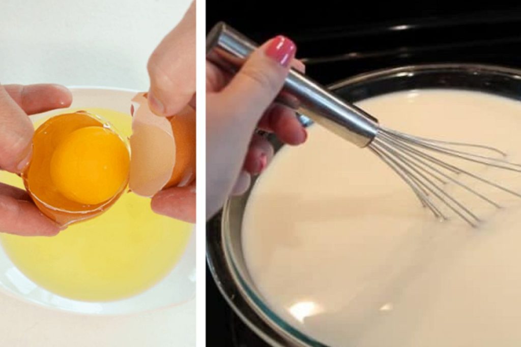 Đánh trứng và pha sữa để làm hỗn hợp bánh flan