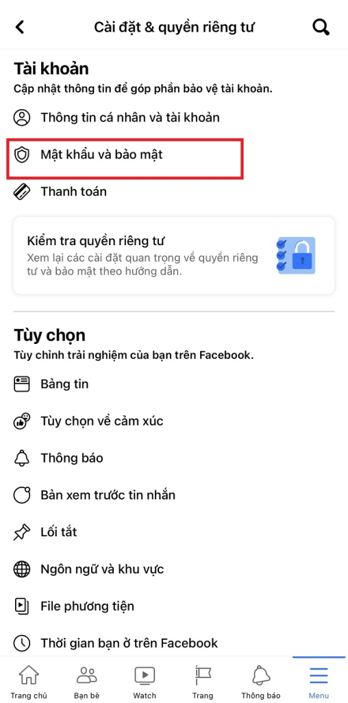 Chọn "Mật khẩu và bảo mật" trong Cài đặt quyền riêng tư