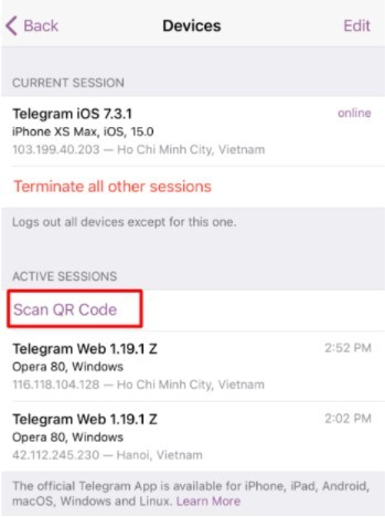 Bạn tiếp tục chọn chọn Scan QR Code ở dưới mục Active sessions